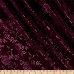 Burgundy 60&quot; Wide Polyester Flower Brocade Jacquard Satin Fabric, Sold By The Yard.