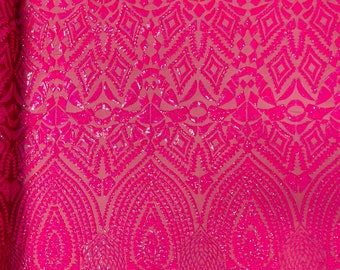 Neon Hot Pink iridescent diamond design with sequins on a 4 way stretch mesh-prom-nightgown-sold by the yard-free shipping in the USA.