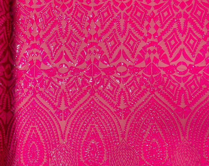 Neon Hot Pink iridescent diamond design with sequins on a 4 way stretch mesh-prom-nightgown-sold by the yard-free shipping in the USA.