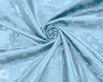 Light Blue Big Rose Brocade Jacquard Satin Fabric, 60" Wide, Sold by the yard