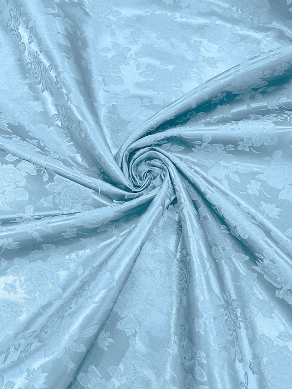 Light Blue Big Rose Brocade Jacquard Satin Fabric, 60