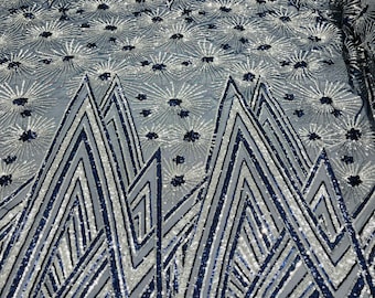 Navy Blue/Silver geometric Star sequin design on a 4 way stretch mesh-sold by the yard.