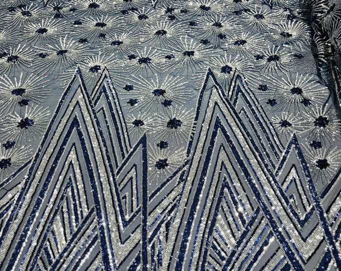 Navy Blue/Silver geometric Star sequin design on a 4 way stretch mesh-sold by the yard.