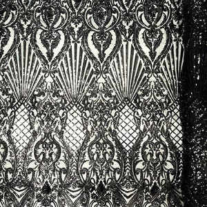 Damask Shiny Sequin Shell Design On a 4 Way Stretch Mesh Fabric -Prom-Sold By The Yard. Gold main image 0
