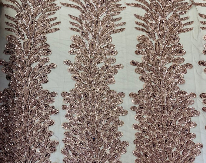 New Vegas heavy beaded feather design embroidery on a mesh fabric-Sold by the panel- Rose Gold