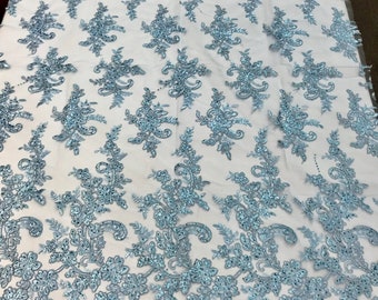 Light blue floral design embroidery on a mesh lace with sequins and corded-dresses-fashion-prom-nightgown-sold by the yard-free shipping usa