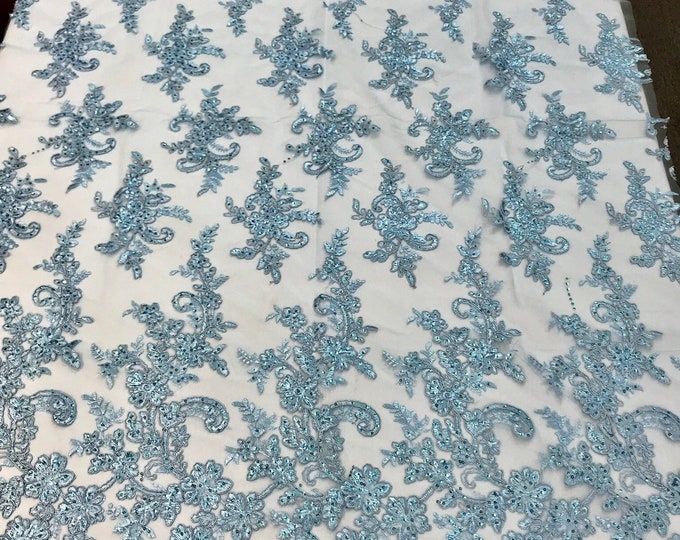 Light blue floral design embroidery on a mesh lace with sequins and corded-dresses-fashion-prom-nightgown-sold by the yard-free shipping usa