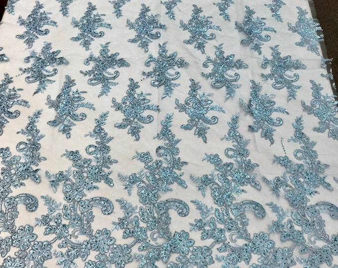 Light blue floral design embroidery on a mesh lace with sequins and corded-dresses-fashion-prom-nightgown-sold by the yard-free shipping usa