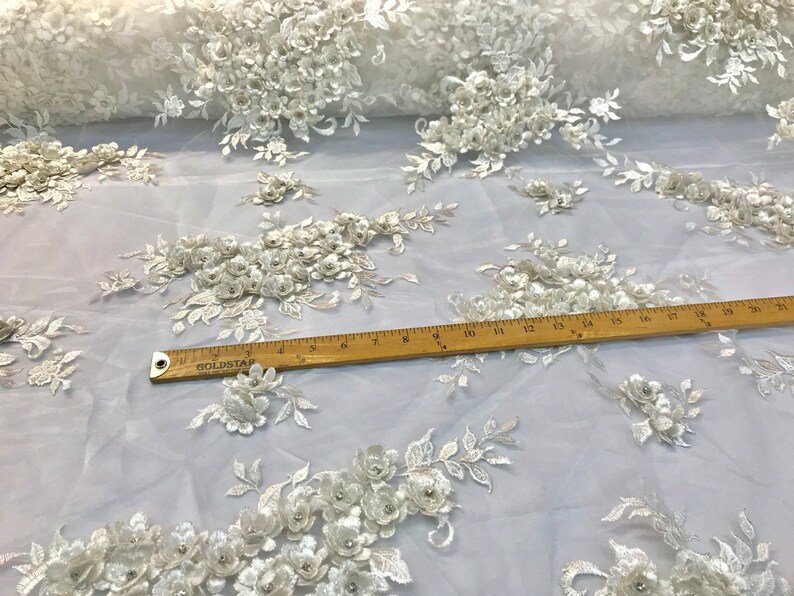 Ivory 3d floral design embroidery and beaded with rhinestones on a mesh lace-prom-nightgown-sold by the yard-free shipping in the USA