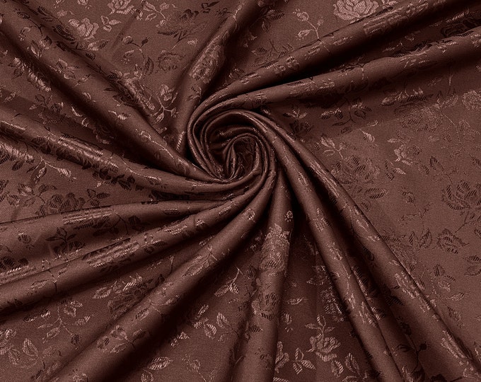 Brown 60" Wide Polyester Roses/Flowers Brocade Jacquard Satin Fabric/Cosplay Costumes, Skirts, Table Linen/Sold By The Yard.