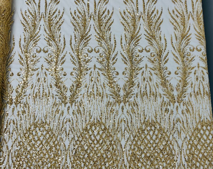 Gold feathers damask embroider and heavy beaded on a mesh lace fabric-sold by the yard-