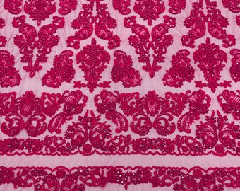 Fuchsia My Lady Hand Beaded Sequins Lace Fabric/Sequin For Wedding Bridal 52" wide.