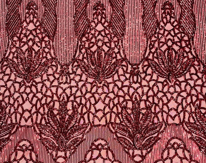 Burgundy shiny floral damask sequin design on a 4 way stretch mesh-prom-sold by the yard.