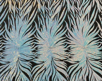 Aqua clear iridescent phoenix feather design with sequins embroider on a Black 4 way stretch mesh fabric-sold by the yard.