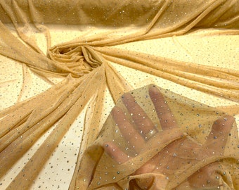 Gold Sheer All Over AB Rhinestones On Stretch Power Mesh Fabric, Sold by The Yard.