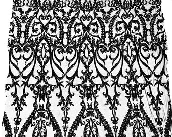 Black shiny sequin damask design on a Black 4 way stretch mesh-sold by the yard.