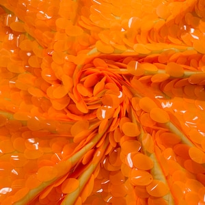 Neon Orange Jumbo Sequins Oval Sequin Paillette/Tear Drop Mermaid Big Sequins Fabric On Orange Mesh/ 54 Inches Wide.