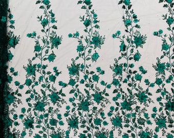 Hunter Green 3D Princess Satin Flower Glitter Sequin Lace Fabric 54" Wide| Wedding, Prom.