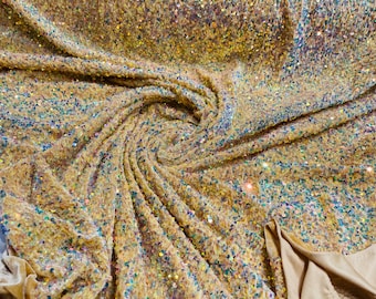 Clear Iridescent All-Over 5mm Shiny Sequins Gold Stretch Velvet 54" Wide.