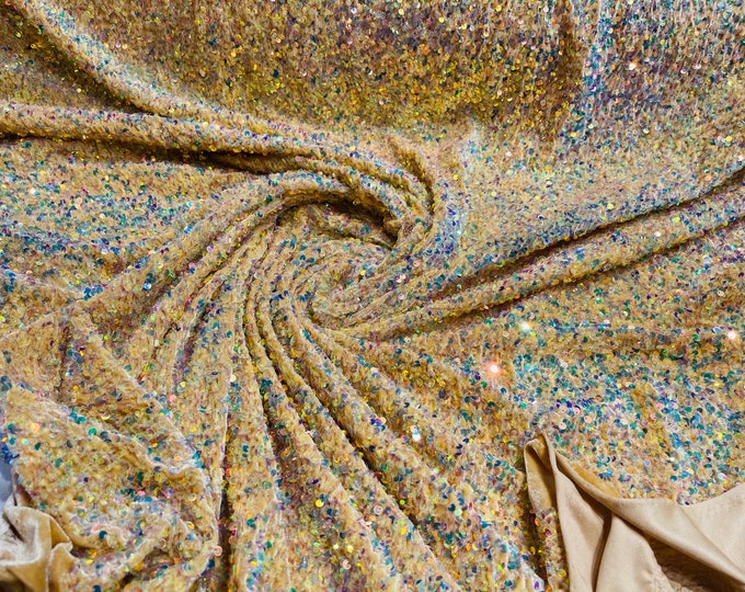 Clear Iridescent On Gold  stretch velvet with luxury sequins all over 5mm shining sequins 2-way stretch, sold by the yard.