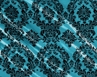 Teal - Flocked Damask Taffeta Fabric - Sold By The Yard.