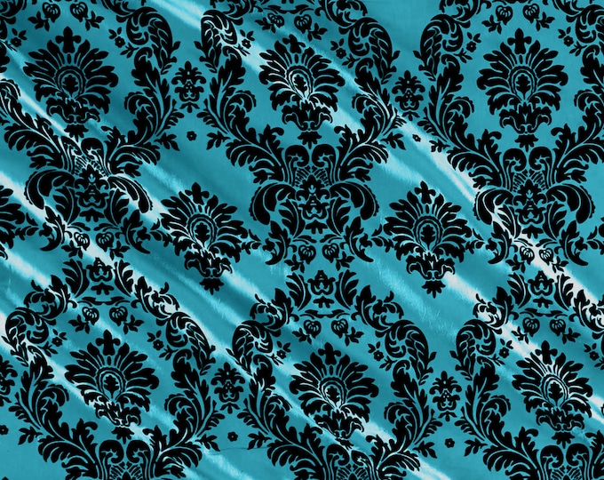 Teal - Flocked Damask Taffeta Fabric - Sold By The Yard.