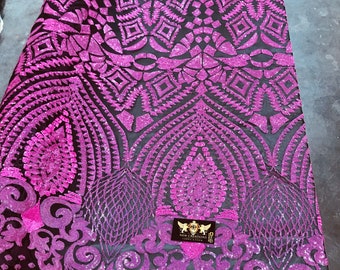 New hot pink iridescent diamond design with sequins on a 4 way stretch black mesh-prom-nightgown-Sold by the yard