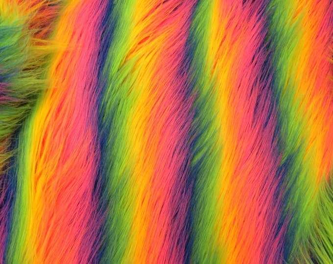 Stripe rainbow fake fur-multi color faux fun shaggy fur-4 inch pile-upholstery-jackets-pillows-Sold by the yard.36x60 inches.