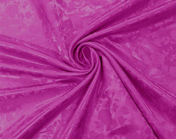 Fuchsia 58" Wide Polyester Flower Brocade Jacquard Satin Fabric, Wedding, Dressmaking