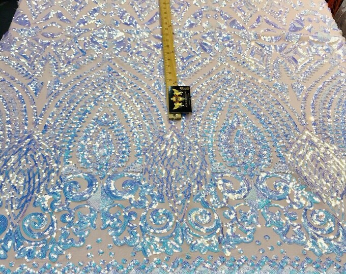 New!! geometric sequin iridescent diamond design on a 4 way stretch mesh-dresses-prom-nightgown-Sold by the yard