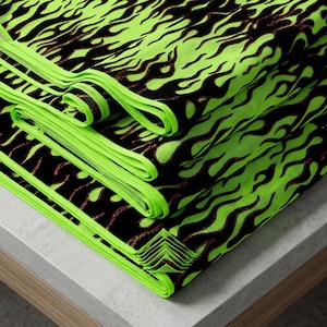 Neon Green Flame Mesh Fabric 60” Wide | Black Flocking Red Glitter Fire Power Mesh by Yard | Hot Rod Stretch Fabric Costume Upholstery