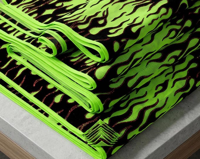 Neon Green Flame Mesh Fabric 60” Wide | Black Flocking Red Glitter Fire Power Mesh by Yard | Hot Rod Stretch Fabric Costume Upholstery