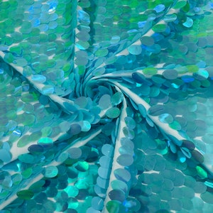 Mint Green Iridescent Jumbo Sequins Oval Sequin Paillette/Tear Drop Mermaid Big Sequins Fabric On Mint Mesh/ 54 Inches Wide.