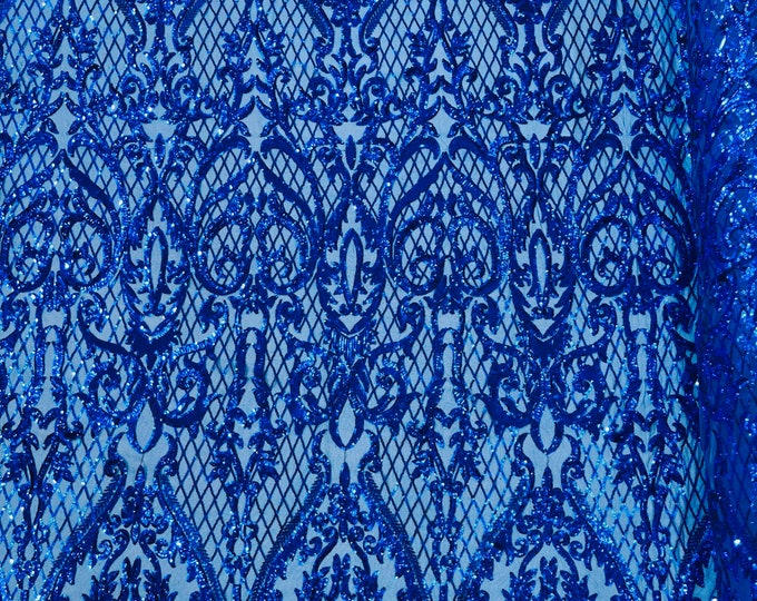 Royal Blue shiny Heart Damask sequin design on a 4 way stretch mesh fabric-prom-sold by the yard.