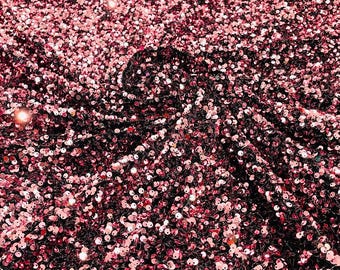 Dusty Rose /Black  stretch velvet with luxury sequins all over 5mm shining sequins 2-way stretch, sold by the yard.