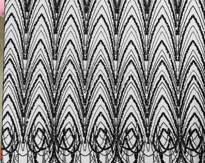 Black - Luxury Chain Geometric Beaded Lace, By The Yard.