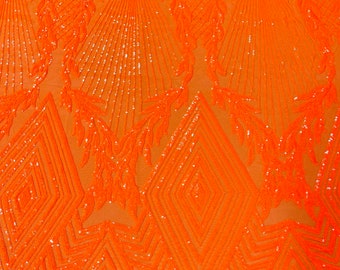 Neon Orange geometric diamond design with shiny sequins on a 4 way stretch mesh-dresses-prom-nightgown-sold by the yard.