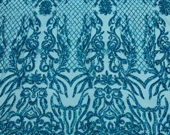Turquoise iridescent shiny sequin damask design on a 4 way stretch mesh-prom-nightgown-sold by the yard-free shipping in the usa.
