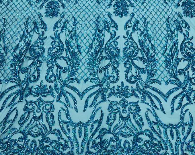 Turquoise iridescent shiny sequin damask design on a 4 way stretch mesh-prom-nightgown-sold by the yard-free shipping in the usa.