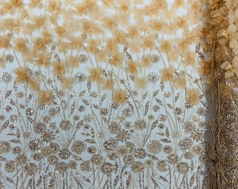 Champagne - Luxury 3D Floral/Butterfly Beaded lace, by The Yard.