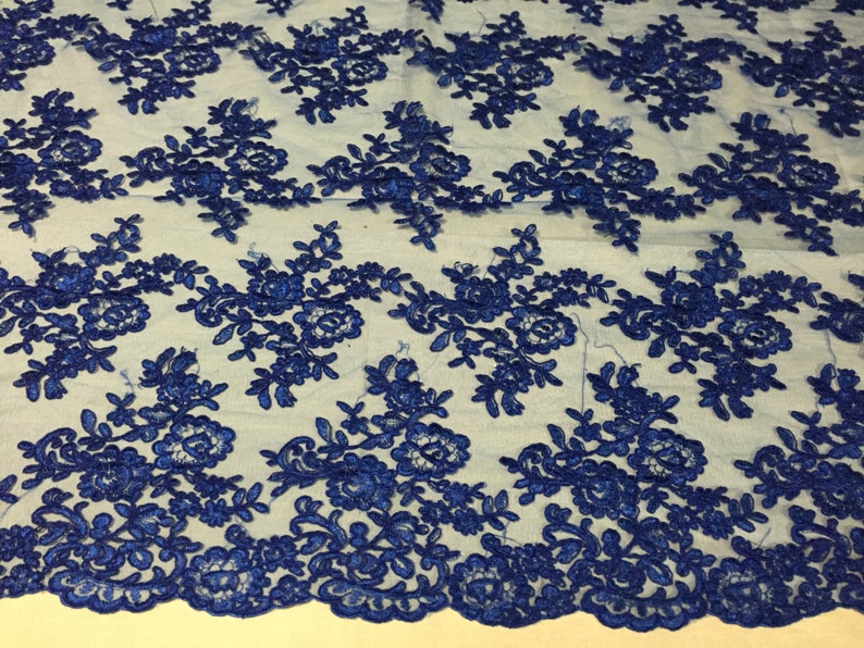 yard Royal blue modern roses embroider and corded on a mesh lace