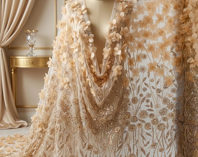 Champagne 3D Floral Beaded Lace Fabric by the Yard, Luxury Butterfly Mesh Lace for Bridal Gown, Wedding Dress, Couture Fabric