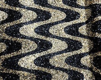 Gold/Black sequin Wave Design On Black stretch velvet all over 5mm shining sequins 2-way stretch, sold by the yard.