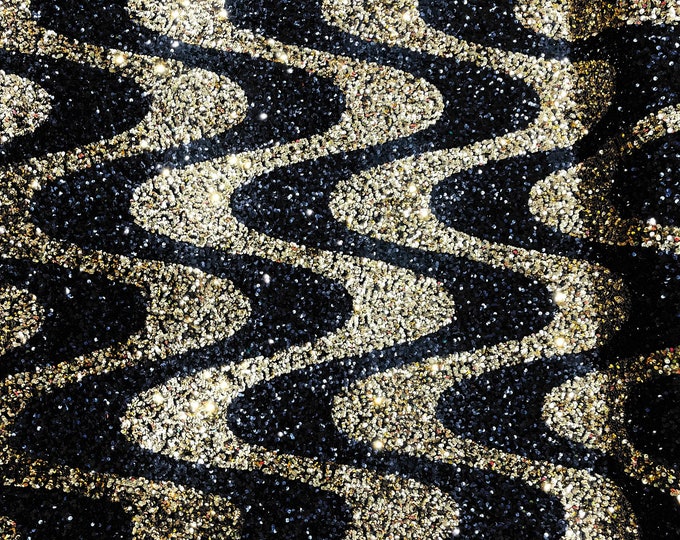 Gold/Black sequin Wave Design On Black stretch velvet all over 5mm shining sequins 2-way stretch, sold by the yard.