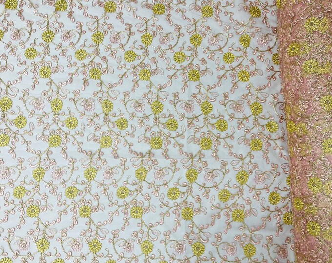 Pink multi color gold metallic floral design embroider on a pink mesh lace-dresses-sold by the yard.