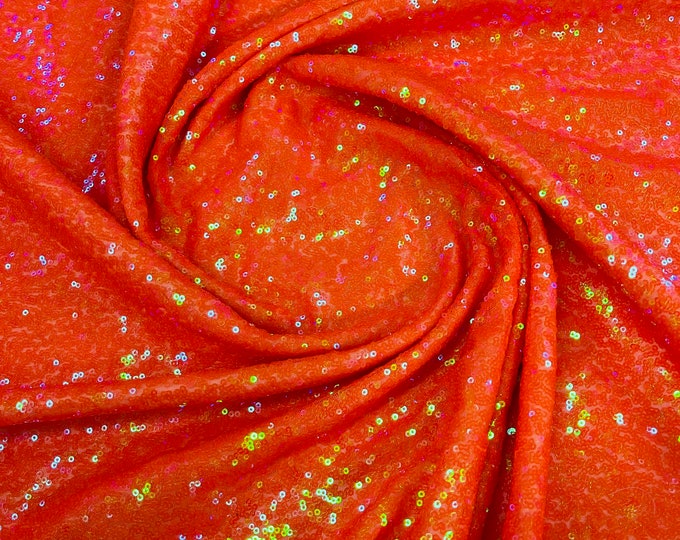 Neon orange iridescent mermaid fish scales-mini glitz sequins embroider on a 2 way stretch mesh fabric-sold by the yard-