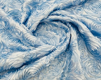 Light Blue 3D Rosette Embroidery Satin Rose Flowers  Floral on a satin Fabric by the yard.