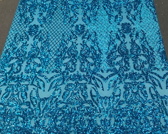 Turquoise shiny sequin damask design embroidery on a 4 way stretch mesh-dresses-prom-nightgown-Sold by yard