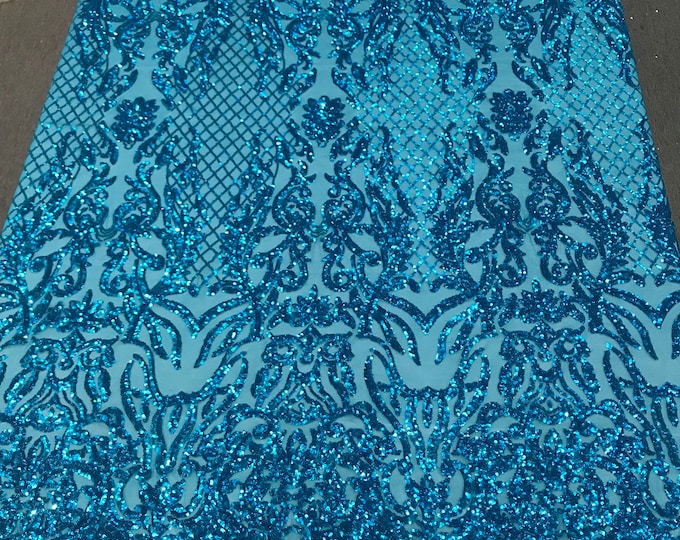 Turquoise shiny sequin damask design embroidery on a 4 way stretch mesh-dresses-prom-nightgown-Sold by yard