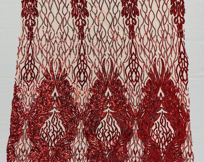 Red iridescent damask sequin design on a nude 4 way stretch mesh fabric-prom-sold by the yard.
